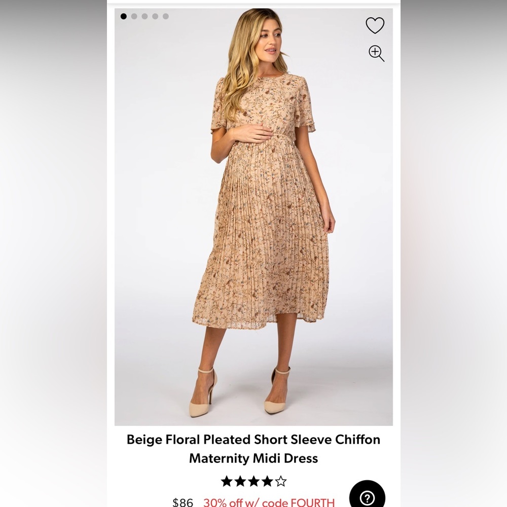Pink Blush Maternity, Beige floral pleated short sleeve chiffon maternity midi
